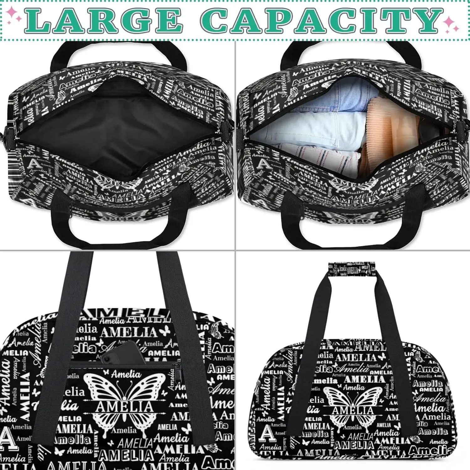 Custom Sports Duffel Bags with Name, Butterfly Personalized Gym Bag Customized Travel Duffle Bag Overnight Carry-On Bag Weekender Bags, Black
