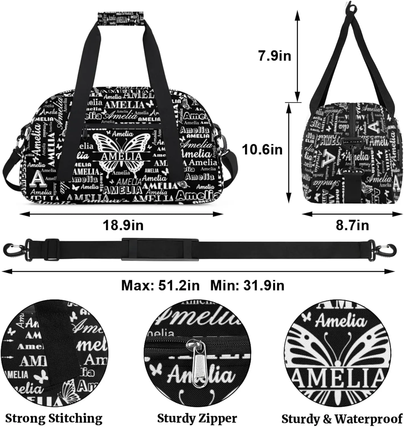 Custom Sports Duffel Bags with Name, Butterfly Personalized Gym Bag Customized Travel Duffle Bag Overnight Carry-On Bag Weekender Bags, Black