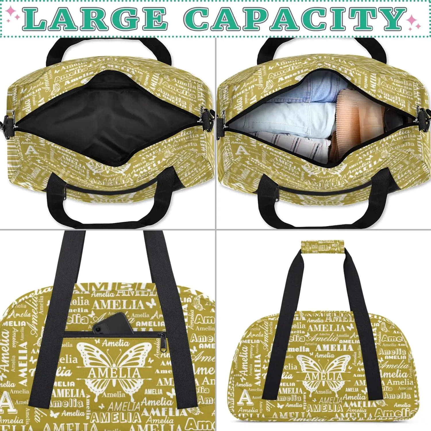 Custom Sports Duffel Bags with Name, Butterfly Personalized Gym Bag Customized Travel Duffle Bag Overnight Carry-On Bag Weekender Bags, Brown