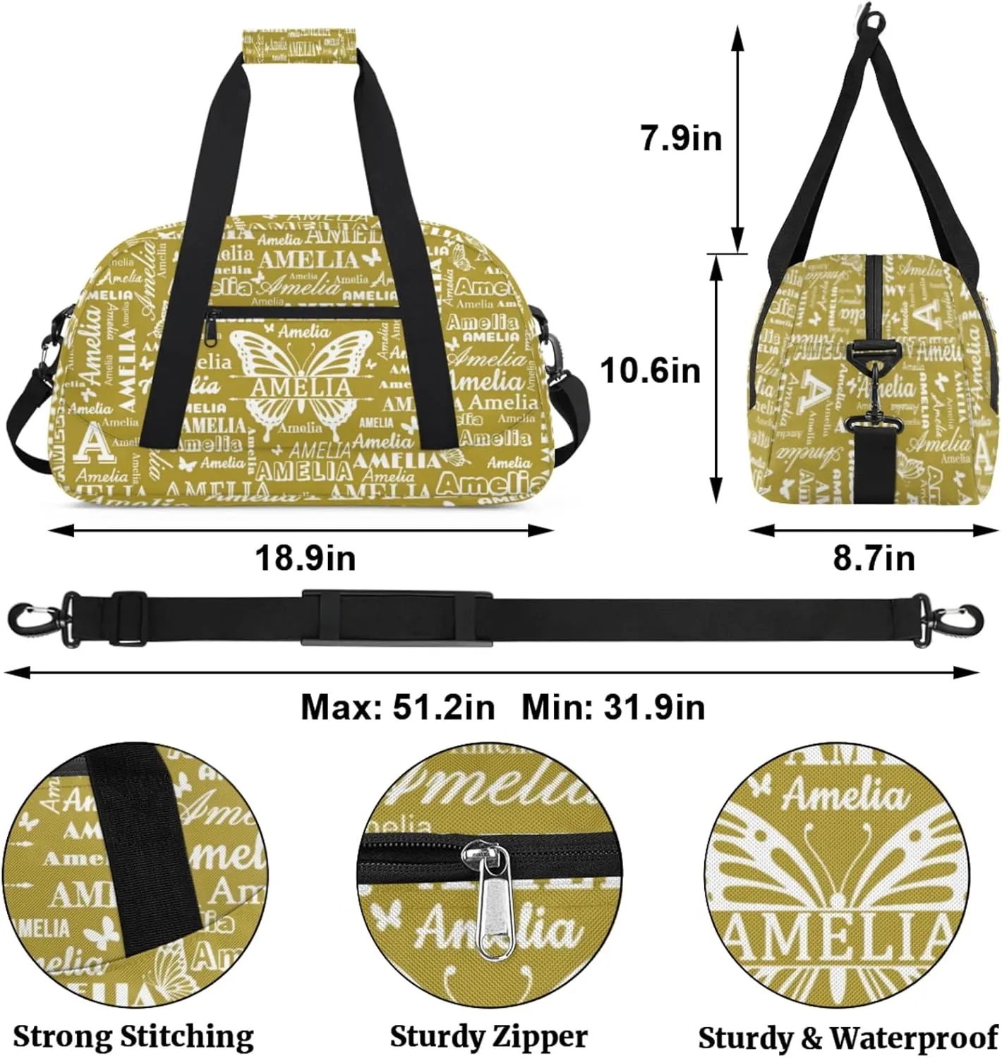 Custom Sports Duffel Bags with Name, Butterfly Personalized Gym Bag Customized Travel Duffle Bag Overnight Carry-On Bag Weekender Bags, Brown
