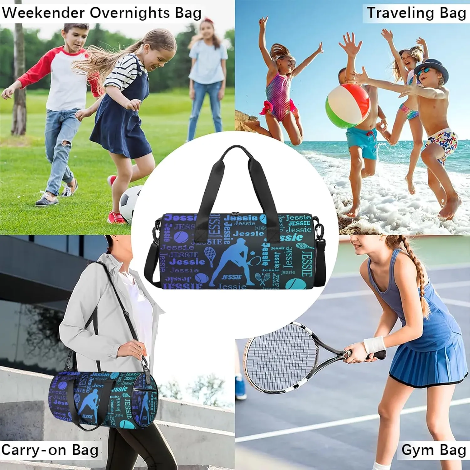 Custom Tennis Sport Bags Personalized Sports Gym Bag with Name Overnight Weekender Duffel Bag Customized Gifts for Women Men, Multi Blue