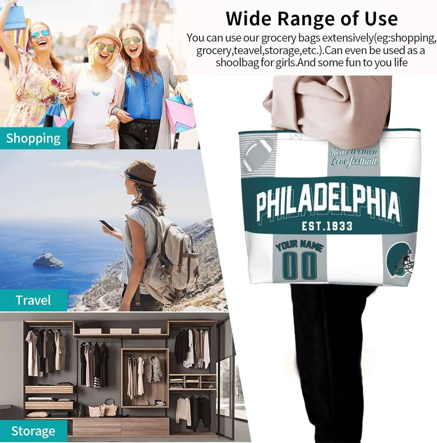 Custom Tote Bags Custom Football Bag Personalized Add Your Name and Number Shoulder Bag Beach Bag For Women Fans Gift