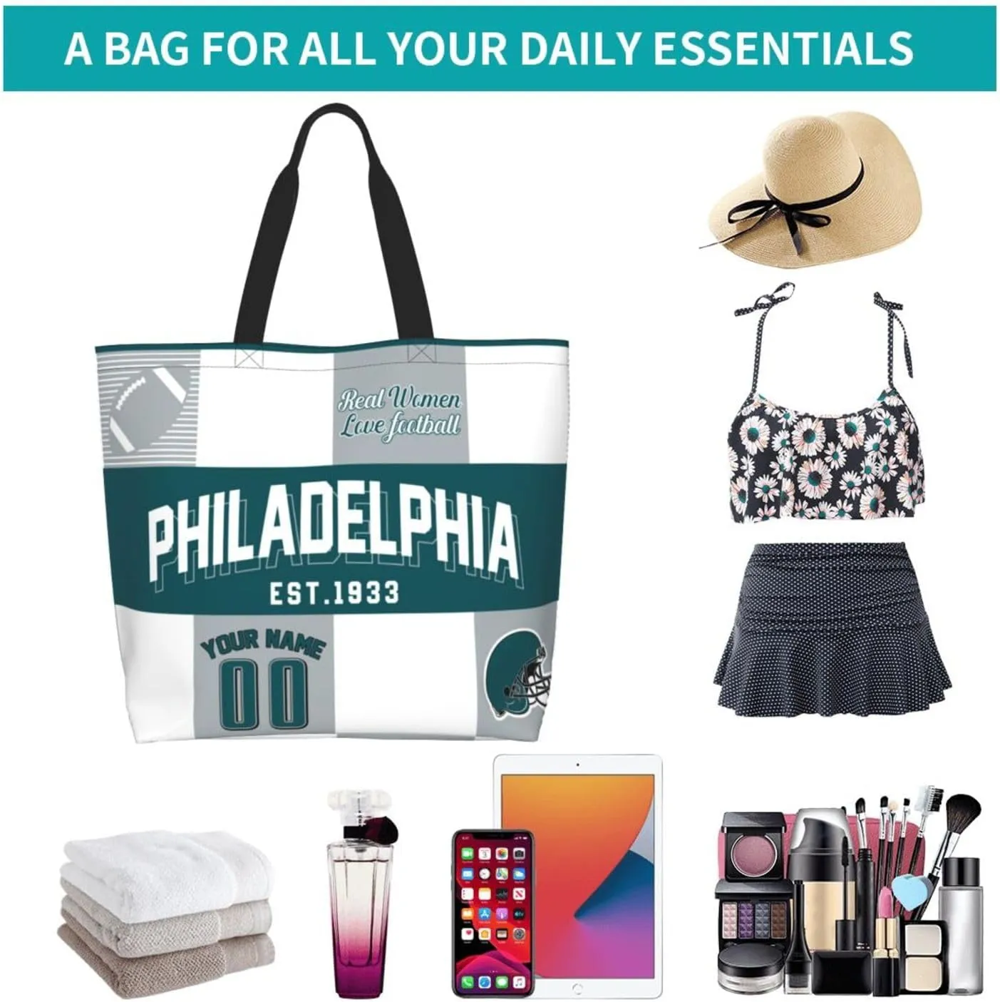 Custom Tote Bags Custom Football Bag Personalized Add Your Name and Number Shoulder Bag Beach Bag For Women Fans Gift
