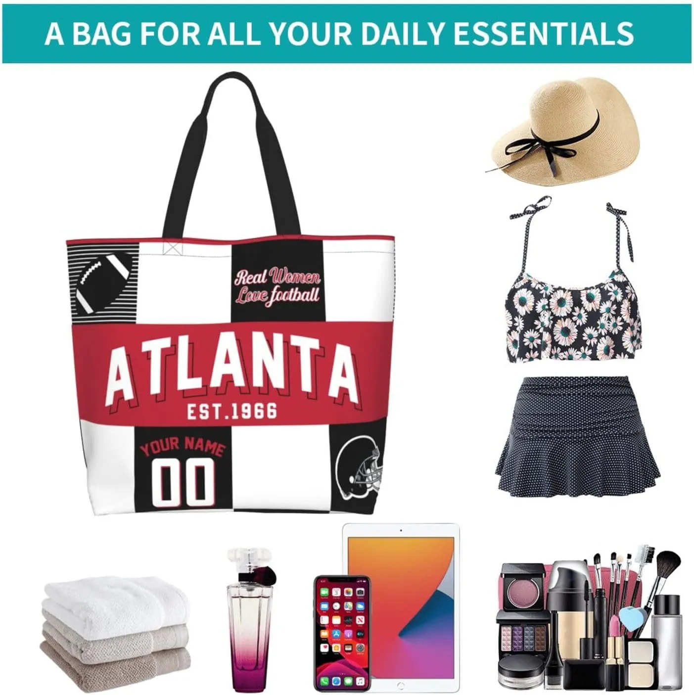 Custom Tote Bags Custom Football Bag Personalized Add Your Name and Number Shoulder Bag Beach Bag For Women Fans Gift