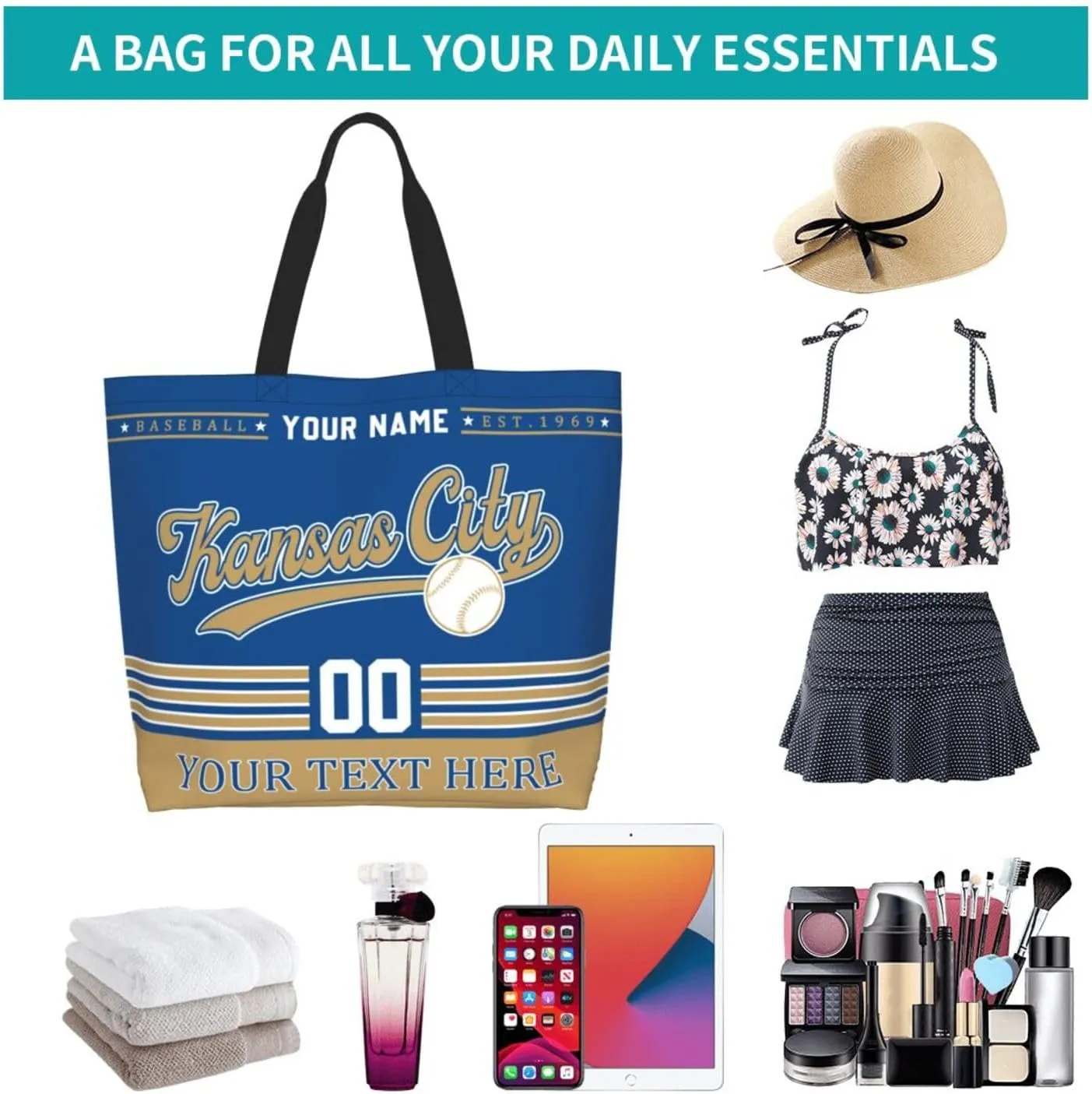 Custom Tote Bags Personalized Custom Baseball Shoulder Bag Shopping Tote Beach Travel Handbag for Women Fans Gift