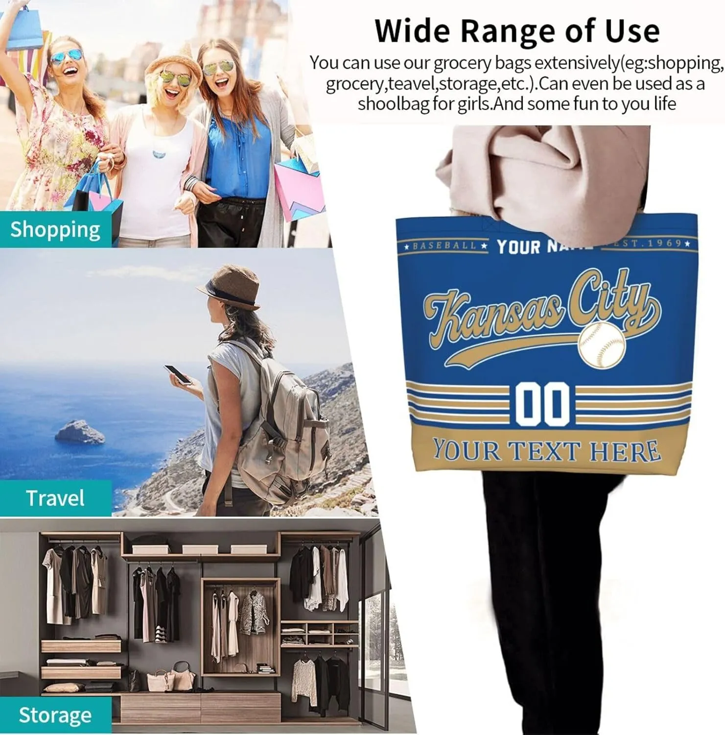 Custom Tote Bags Personalized Custom Baseball Shoulder Bag Shopping Tote Beach Travel Handbag for Women Fans Gift