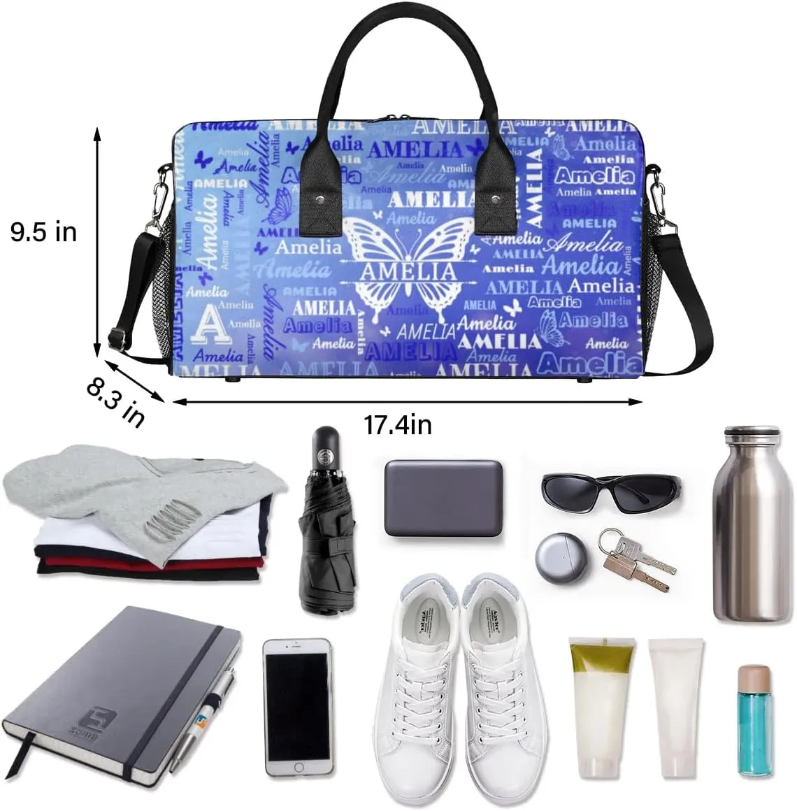Custom Travel Duffel Bag with Name Butterfly, Personalized Gym Bag for Women, Custom Sports Tote Bags for Dance Cheer, Overnight Weekender Bags, Blue