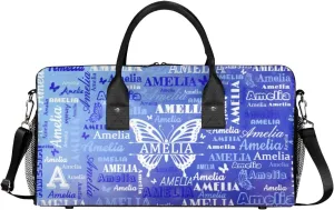 Custom Travel Duffel Bag with Name Butterfly, Personalized Gym Bag for Women, Custom Sports Tote Bags for Dance Cheer, Overnight Weekender Bags, Blue