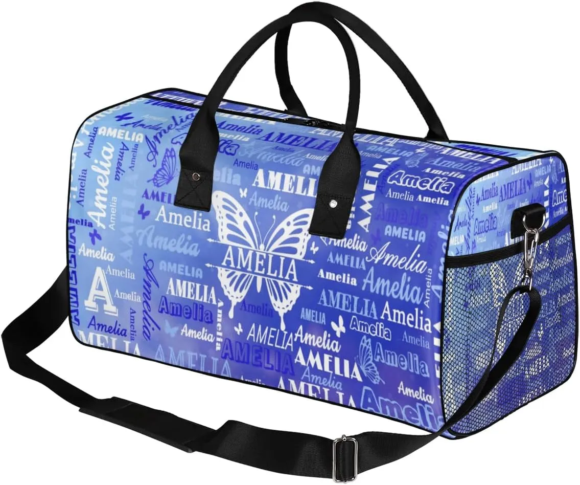 Custom Travel Duffel Bag with Name Butterfly, Personalized Gym Bag for Women, Custom Sports Tote Bags for Dance Cheer, Overnight Weekender Bags, Blue