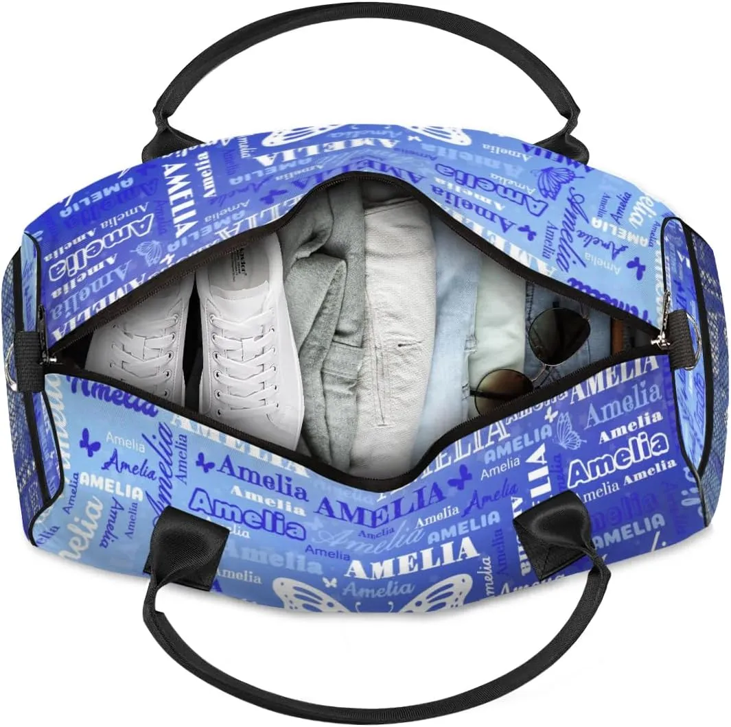 Custom Travel Duffel Bag with Name Butterfly, Personalized Gym Bag for Women, Custom Sports Tote Bags for Dance Cheer, Overnight Weekender Bags, Blue