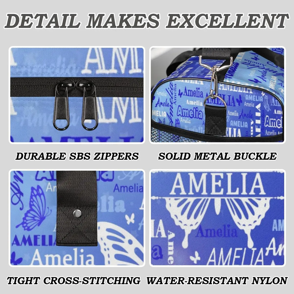 Custom Travel Duffel Bag with Name Butterfly, Personalized Gym Bag for Women, Custom Sports Tote Bags for Dance Cheer, Overnight Weekender Bags, Blue