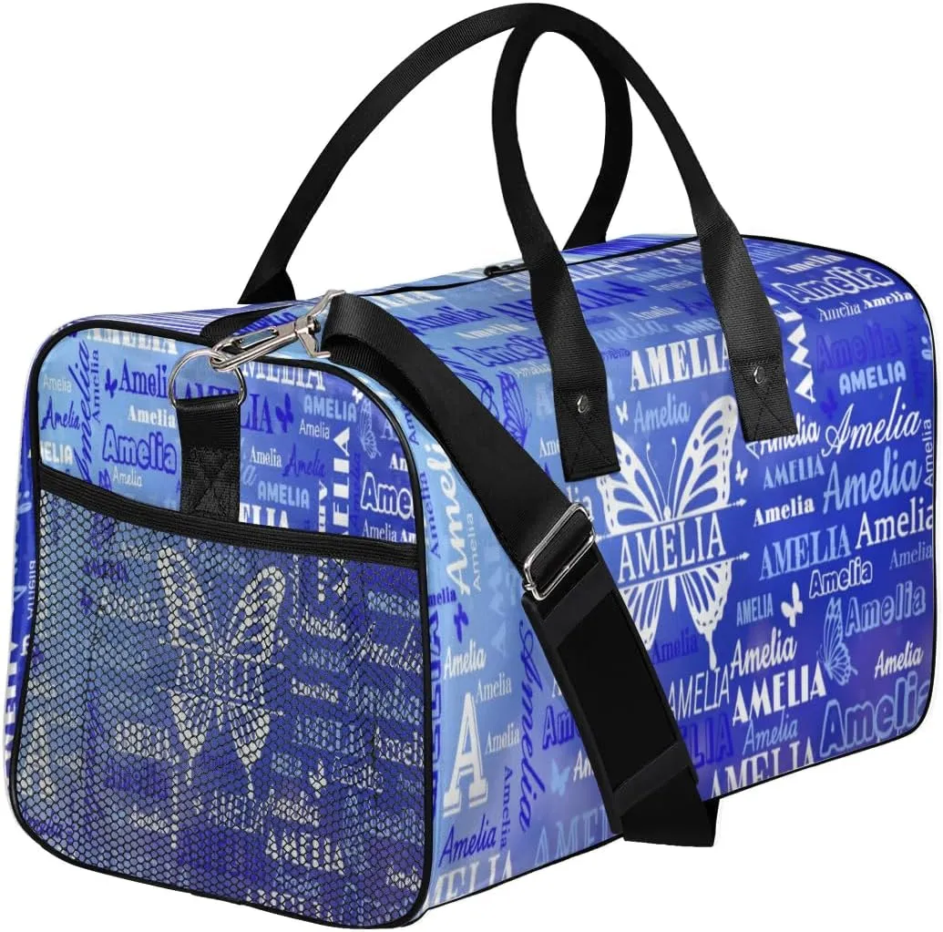 Custom Travel Duffel Bag with Name Butterfly, Personalized Gym Bag for Women, Custom Sports Tote Bags for Dance Cheer, Overnight Weekender Bags, Blue