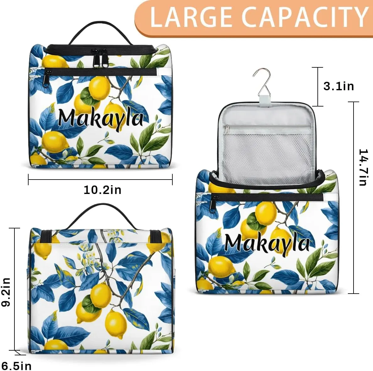 Custom Travel Makeup Bag with Name Personalized Cosmetic Tote Bag for Girls Women Daily Travel Cosmetic Bag Fruit Lemon