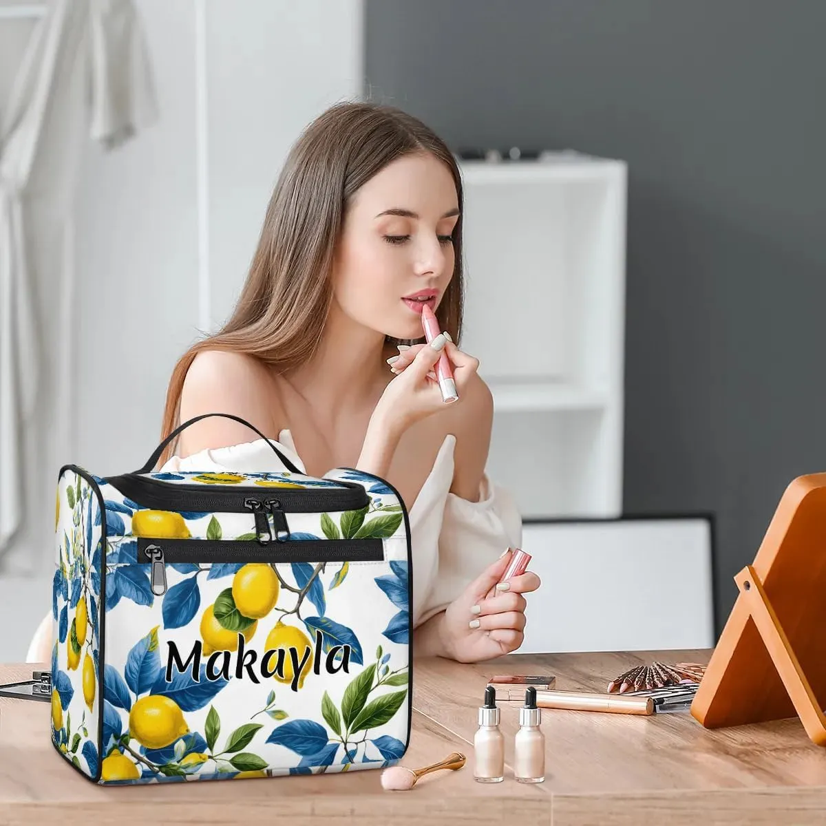 Custom Travel Makeup Bag with Name Personalized Cosmetic Tote Bag for Girls Women Daily Travel Cosmetic Bag Fruit Lemon