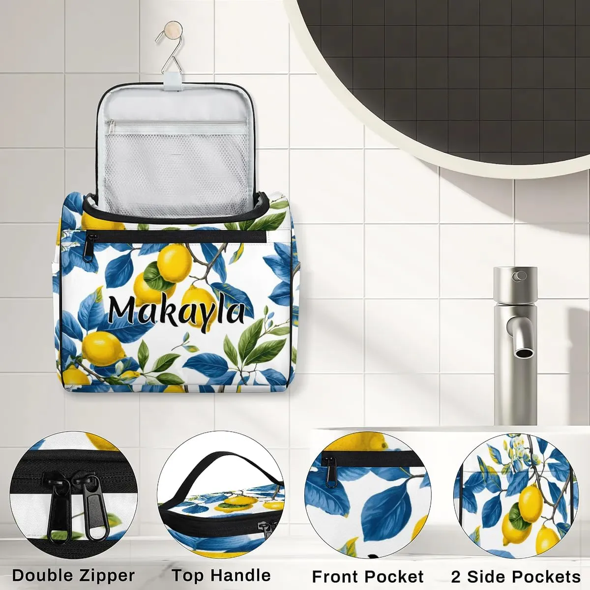 Custom Travel Makeup Bag with Name Personalized Cosmetic Tote Bag for Girls Women Daily Travel Cosmetic Bag Fruit Lemon
