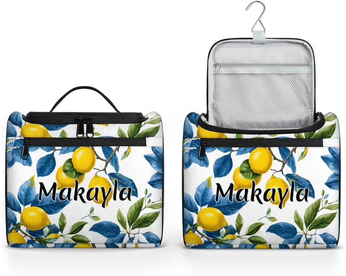 Custom Travel Makeup Bag with Name Personalized Cosmetic Tote Bag for Girls Women Daily Travel Cosmetic Bag Fruit Lemon