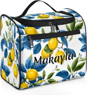 Custom Travel Makeup Bag with Name Personalized Cosmetic Tote Bag for Girls Women Daily Travel Cosmetic Bag Fruit Lemon