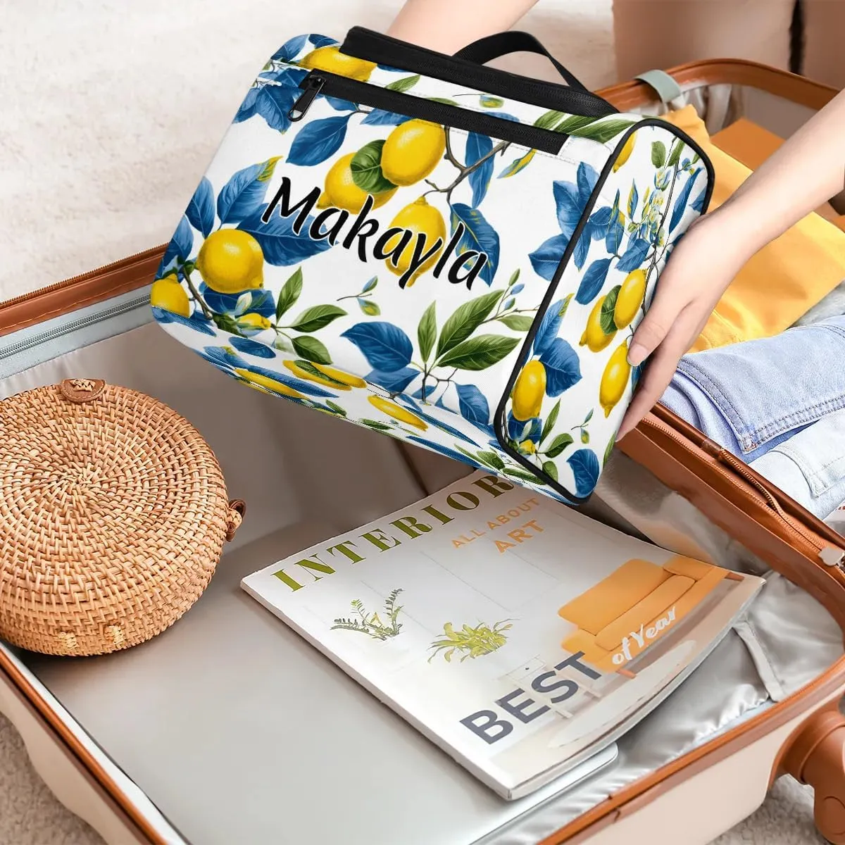 Custom Travel Makeup Bag with Name Personalized Cosmetic Tote Bag for Girls Women Daily Travel Cosmetic Bag Fruit Lemon