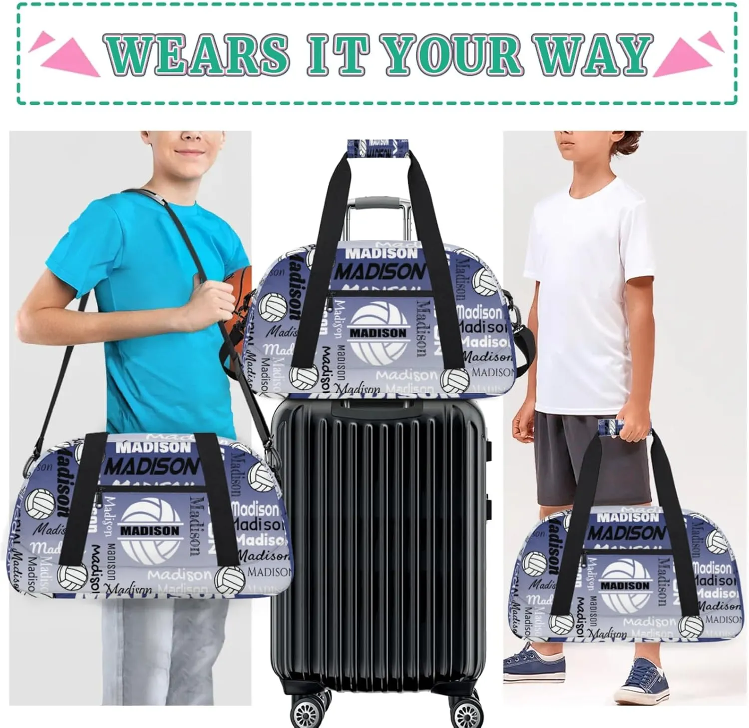 Custom Volleyball Gym Bag Duffel Bag for Women Men, Personalized Name Sport Bag Customized Overnight Bags Travel Weekender Bag, Cobalt Blue Gradient