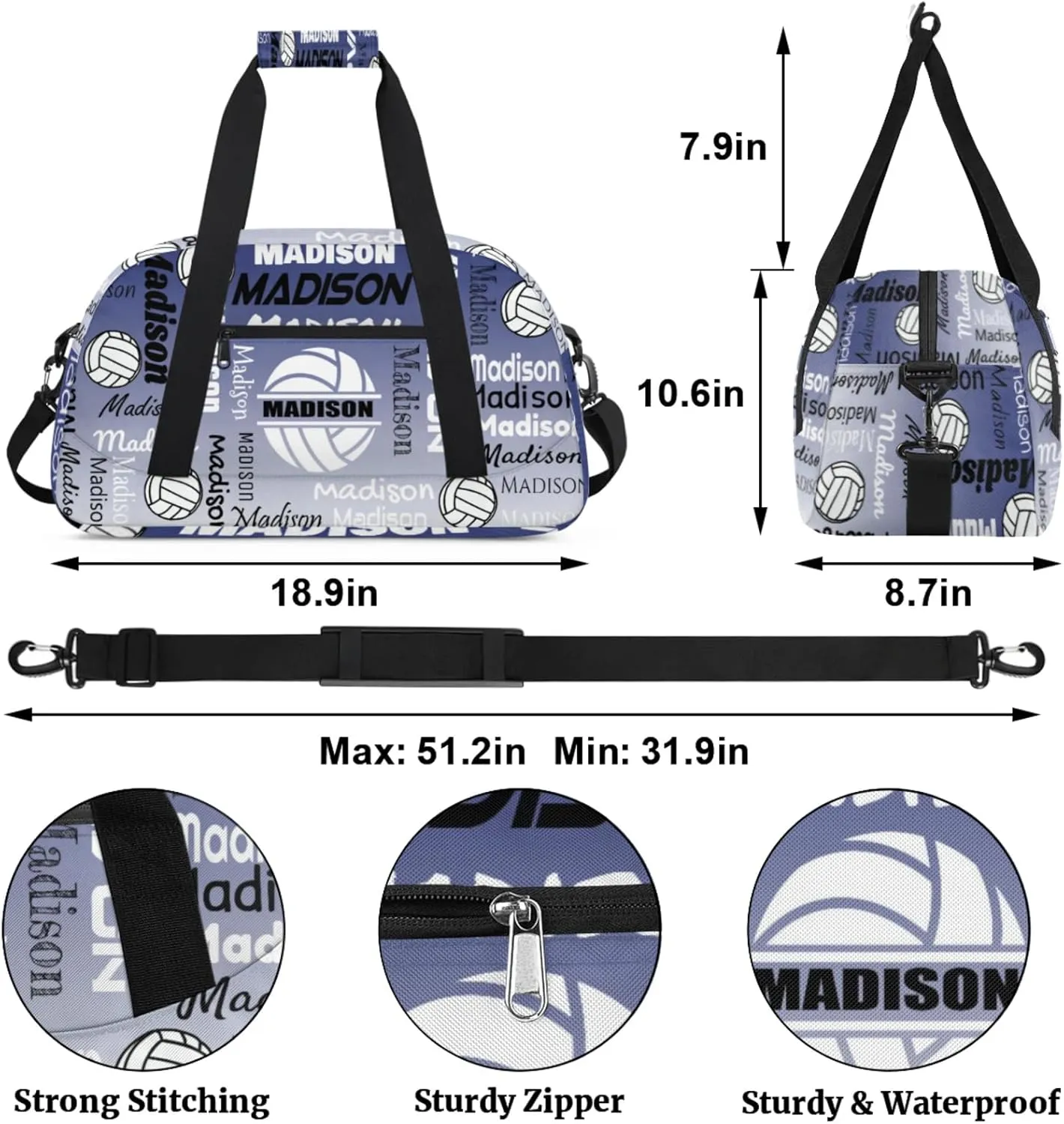 Custom Volleyball Gym Bag Duffel Bag for Women Men, Personalized Name Sport Bag Customized Overnight Bags Travel Weekender Bag, Cobalt Blue Gradient