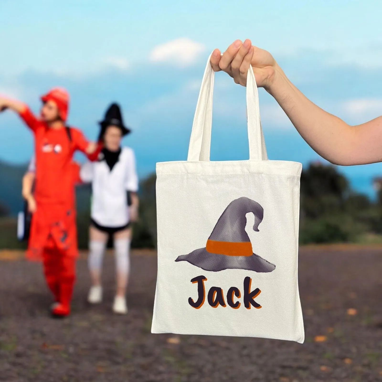 Customizable Small Tote Bags for Trick or Treating | Watercolor Haunted House Halloween Designs with Personalized Name