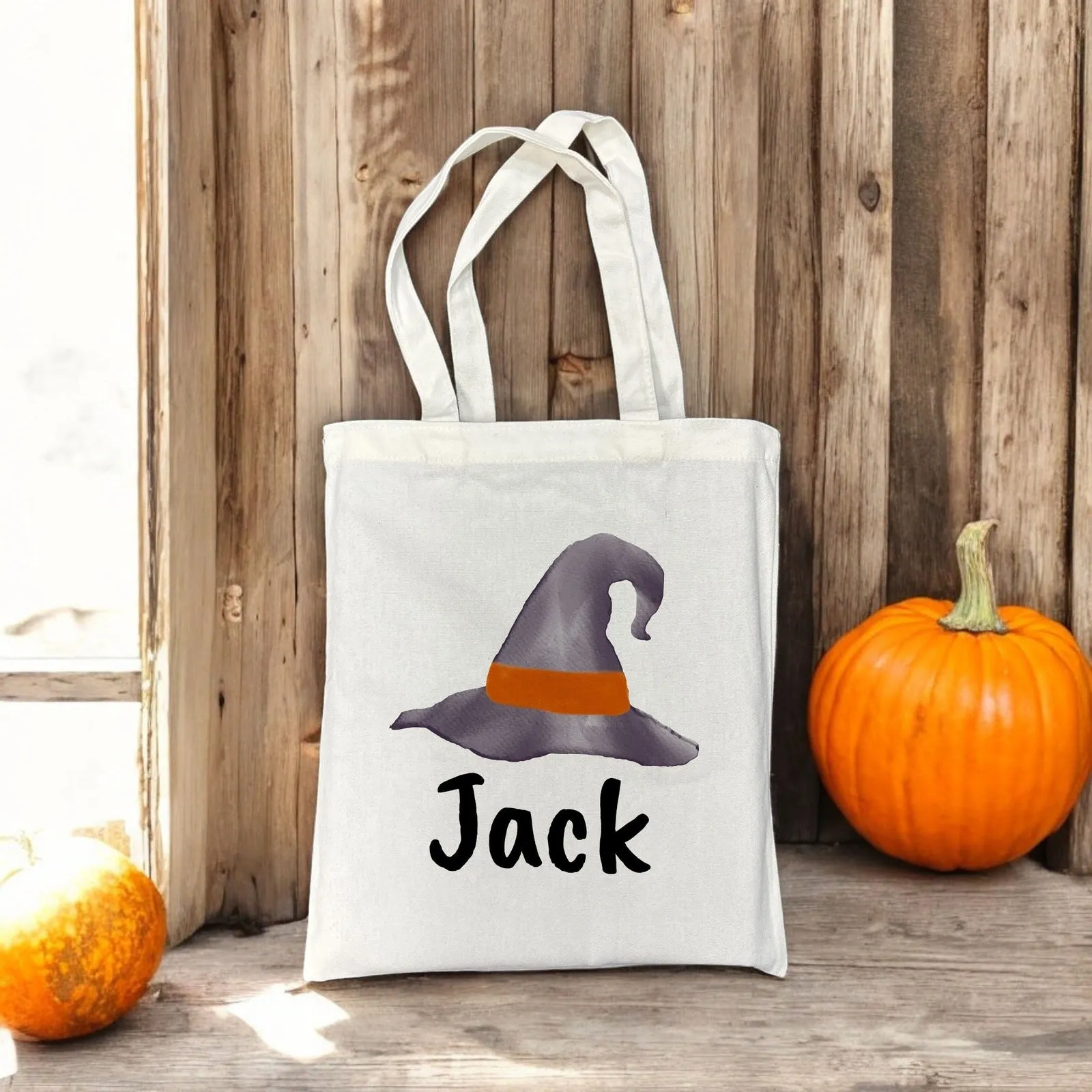 Customizable Small Tote Bags for Trick or Treating | Watercolor Haunted House Halloween Designs with Personalized Name