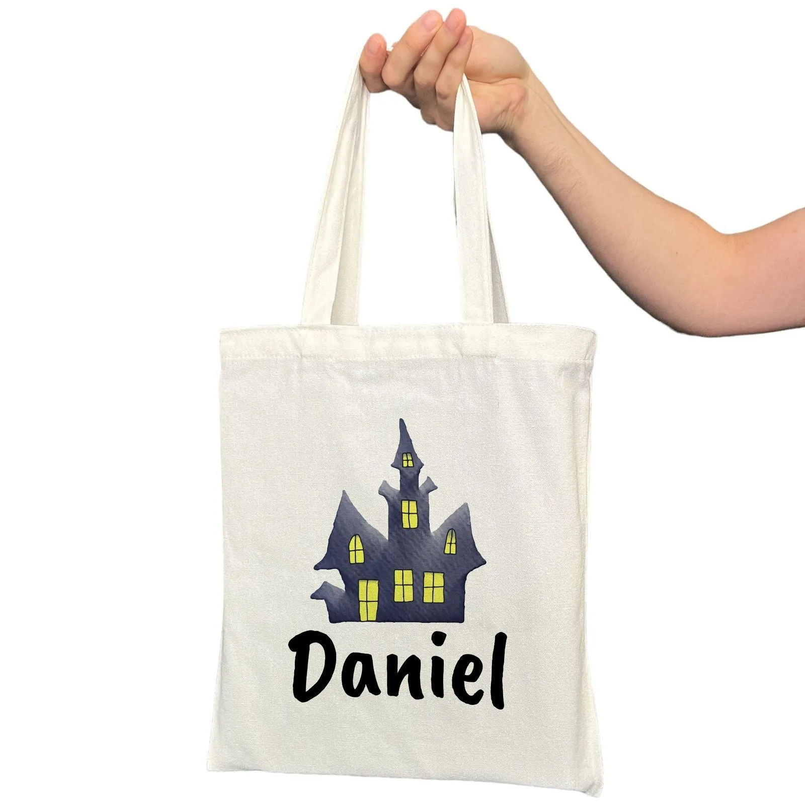 Customizable Small Tote Bags for Trick or Treating | Watercolor Haunted House Halloween Designs with Personalized Name