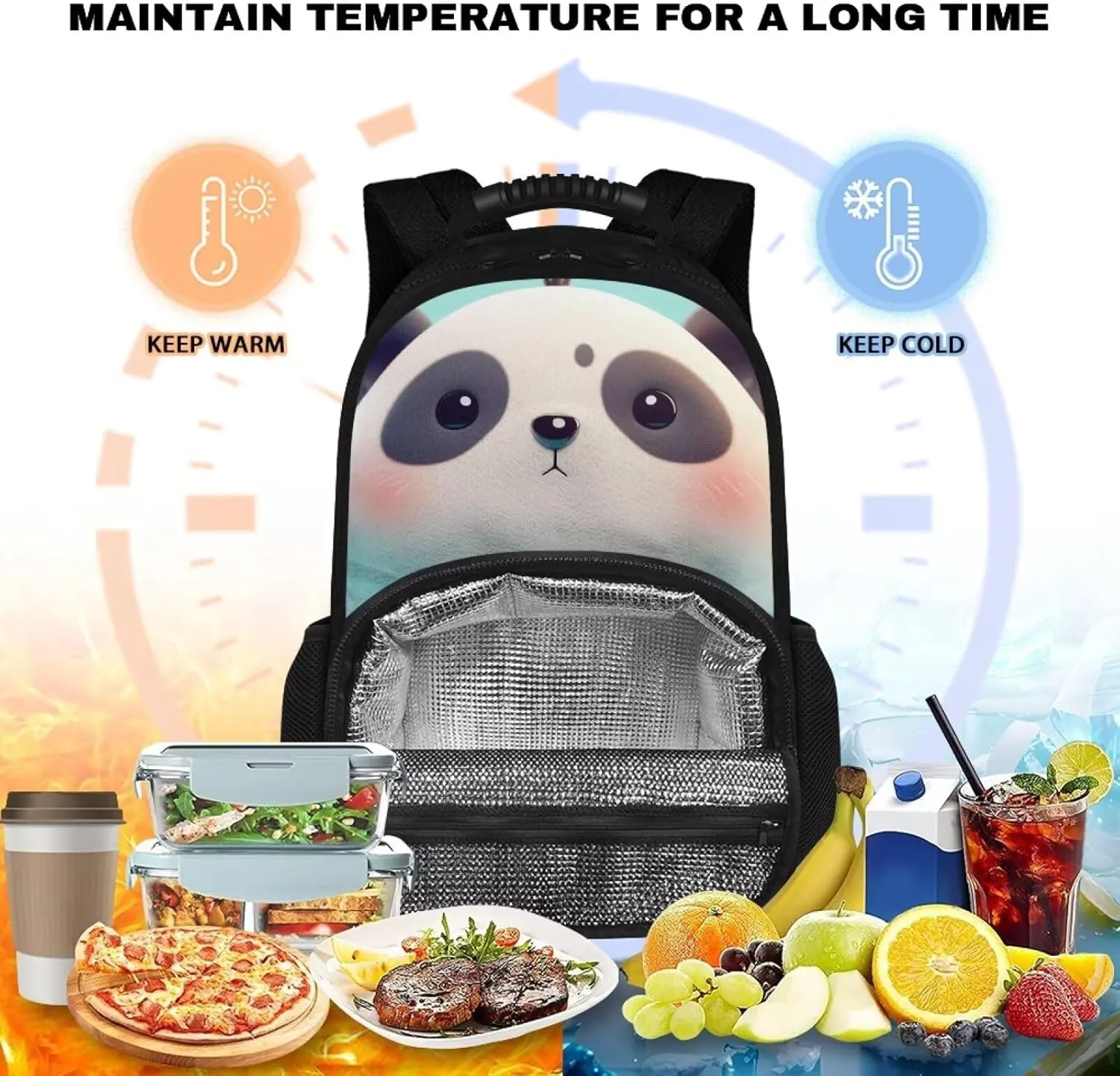 Customized Name Panda Print Kids Backpack with Insulated Lunch Bag, 17.3 Inch All-in-one School Bag, Lightweight Polyester, Two-Way Zipper, Side Mesh Pockets, Fit for Travel & Picnic