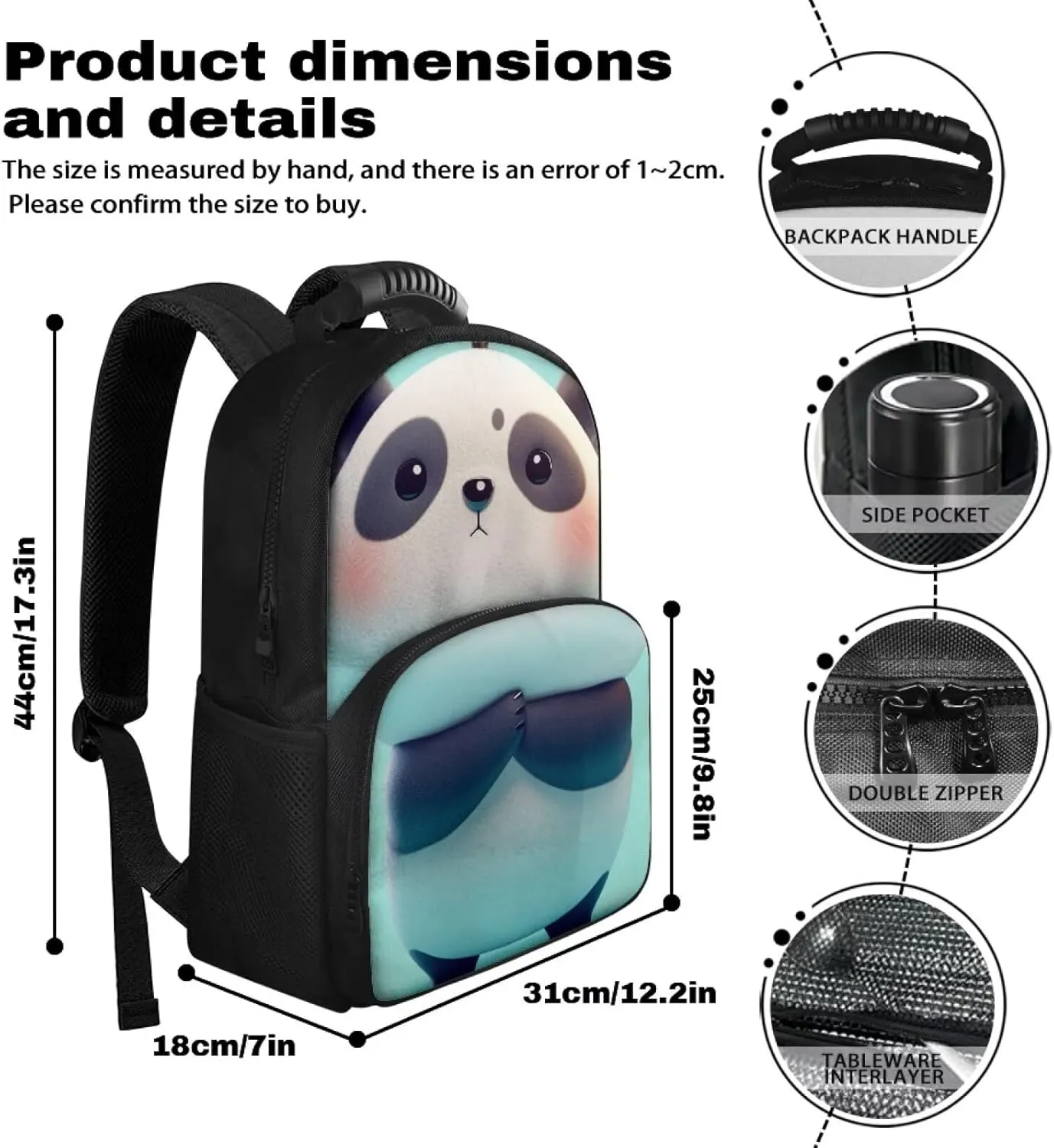 Customized Name Panda Print Kids Backpack with Insulated Lunch Bag, 17.3 Inch All-in-one School Bag, Lightweight Polyester, Two-Way Zipper, Side Mesh Pockets, Fit for Travel & Picnic