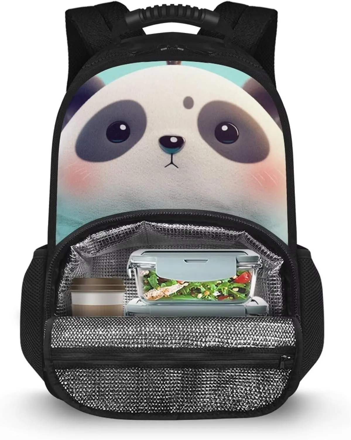 Customized Name Panda Print Kids Backpack with Insulated Lunch Bag, 17.3 Inch All-in-one School Bag, Lightweight Polyester, Two-Way Zipper, Side Mesh Pockets, Fit for Travel & Picnic