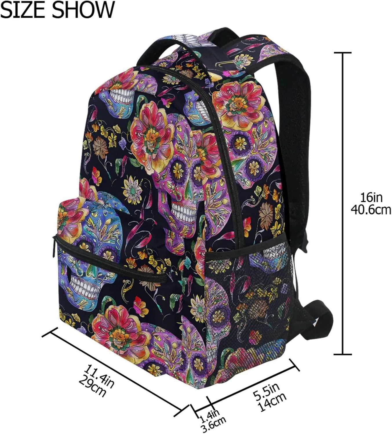 Cute Backpack for Women Men Waterproof School Book Bag with Chest Strap for Travel Trip Festive Sugar Skulls