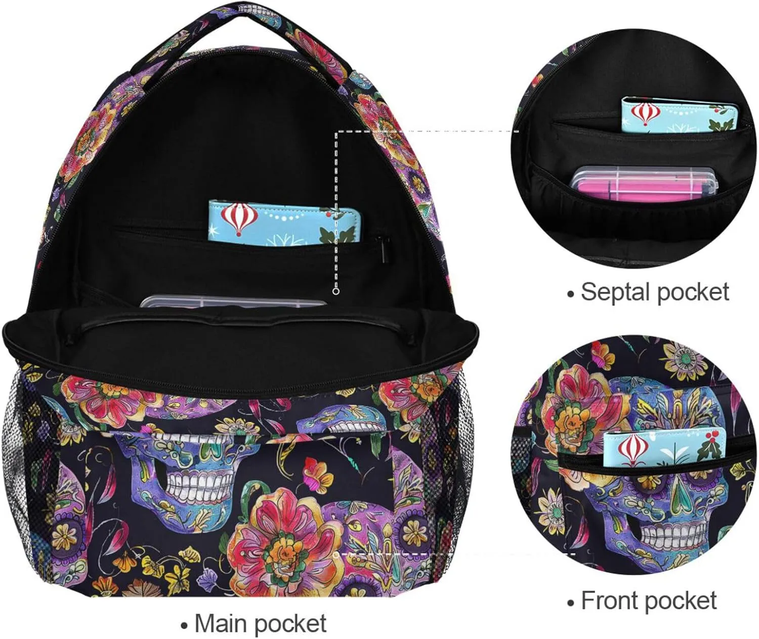 Cute Backpack for Women Men Waterproof School Book Bag with Chest Strap for Travel Trip Festive Sugar Skulls