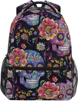 Cute Backpack for Women Men Waterproof School Book Bag with Chest Strap for Travel Trip Festive Sugar Skulls
