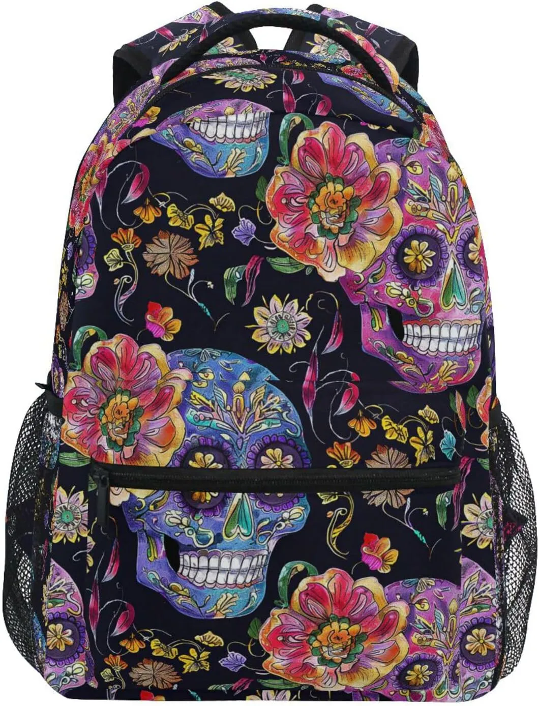 Cute Backpack for Women Men Waterproof School Book Bag with Chest Strap for Travel Trip Festive Sugar Skulls