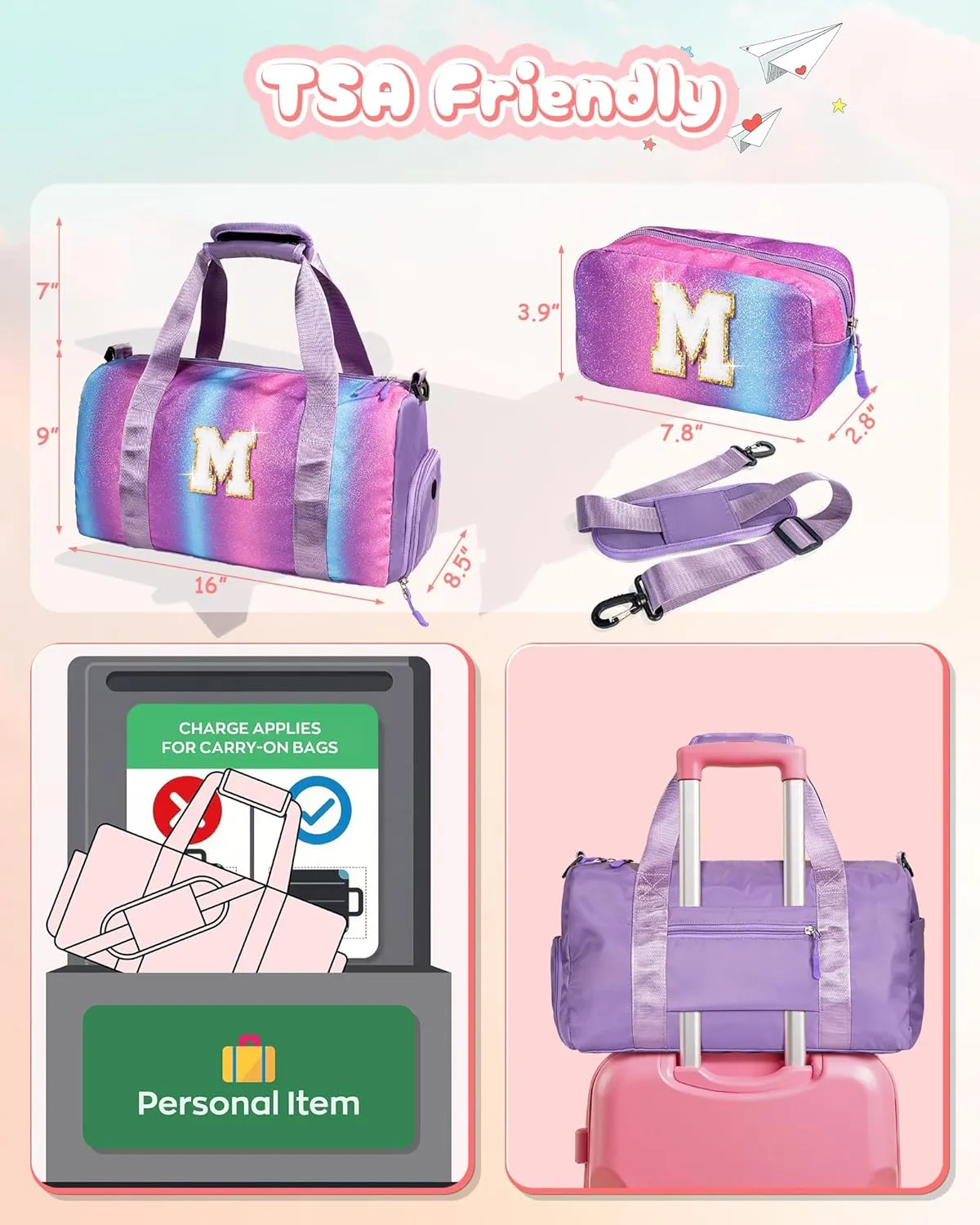 Cute Bags for Girls-Girl Gym Bag with Shoe Compartment, Kid Personalized Weekender Overnight Bags, Initial Travel Tote with Makeup Pouch, Gift for 3 4 5 6 7 Year Old Kids (Letter T)