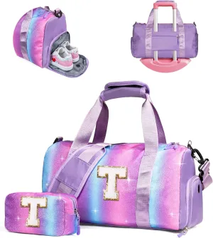Cute Bags for Girls-Girl Gym Bag with Shoe Compartment, Kid Personalized Weekender Overnight Bags, Initial Travel Tote with Makeup Pouch, Gift for 3 4 5 6 7 Year Old Kids (Letter T)