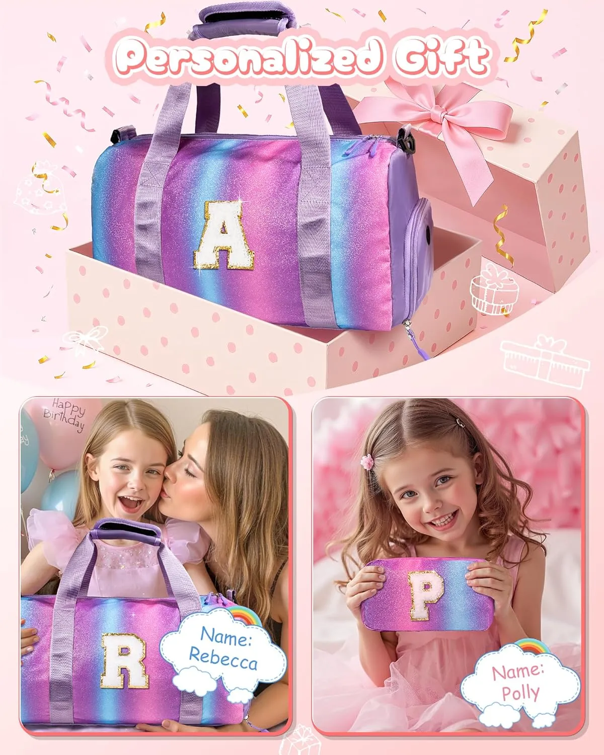 Cute Bags for Girls-Girl Gym Bag with Shoe Compartment, Kid Personalized Weekender Overnight Bags, Initial Travel Tote with Makeup Pouch, Gift for 3 4 5 6 7 Year Old Kids (Letter T)