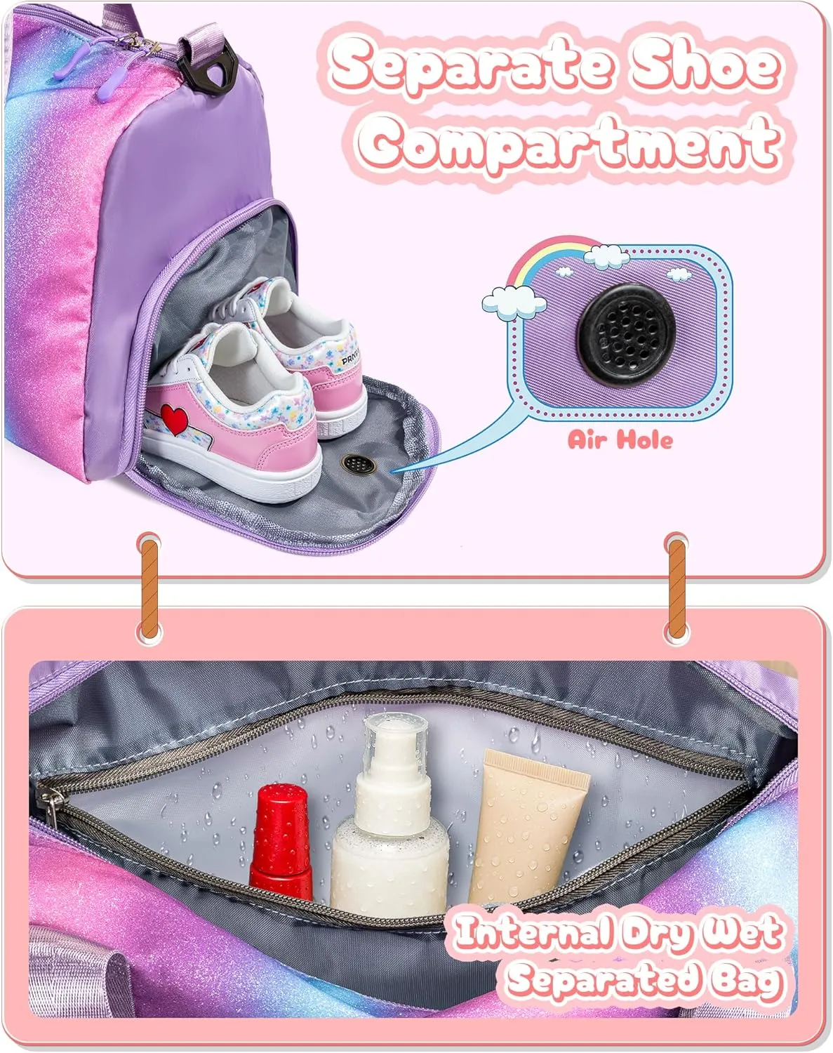 Cute Bags for Girls-Girl Gym Bag with Shoe Compartment, Kid Personalized Weekender Overnight Bags, Initial Travel Tote with Makeup Pouch, Gift for 3 4 5 6 7 Year Old Kids (Letter T)