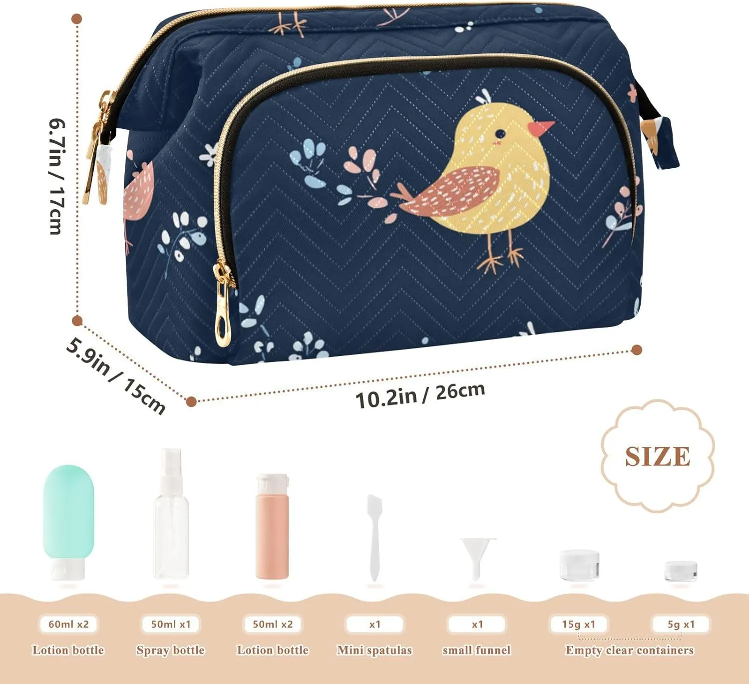 Cute Bird Navy Blue Makeup Bags Zipper Bathroom Storage Bag Change Purse for Toiletry Organizer