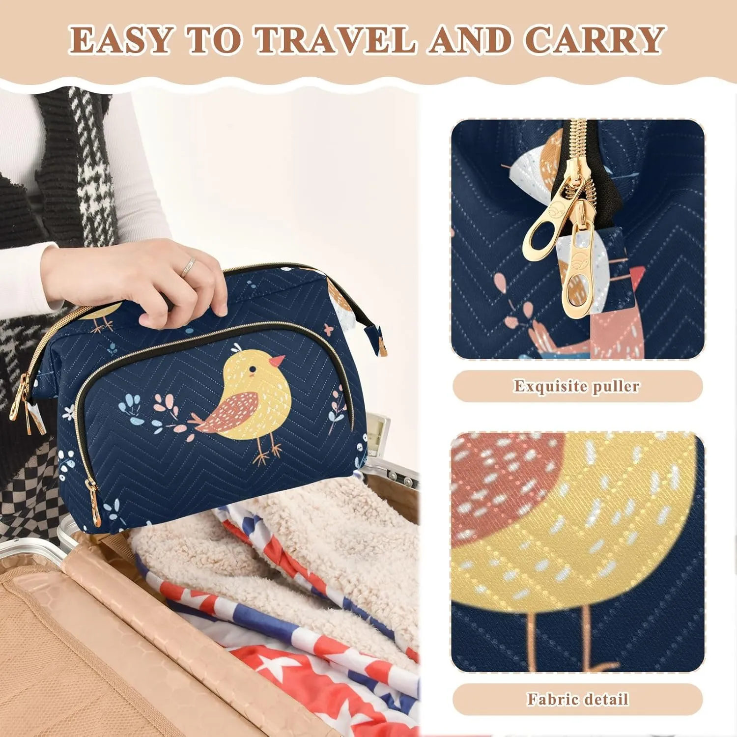 Cute Bird Navy Blue Makeup Bags Zipper Bathroom Storage Bag Change Purse for Toiletry Organizer