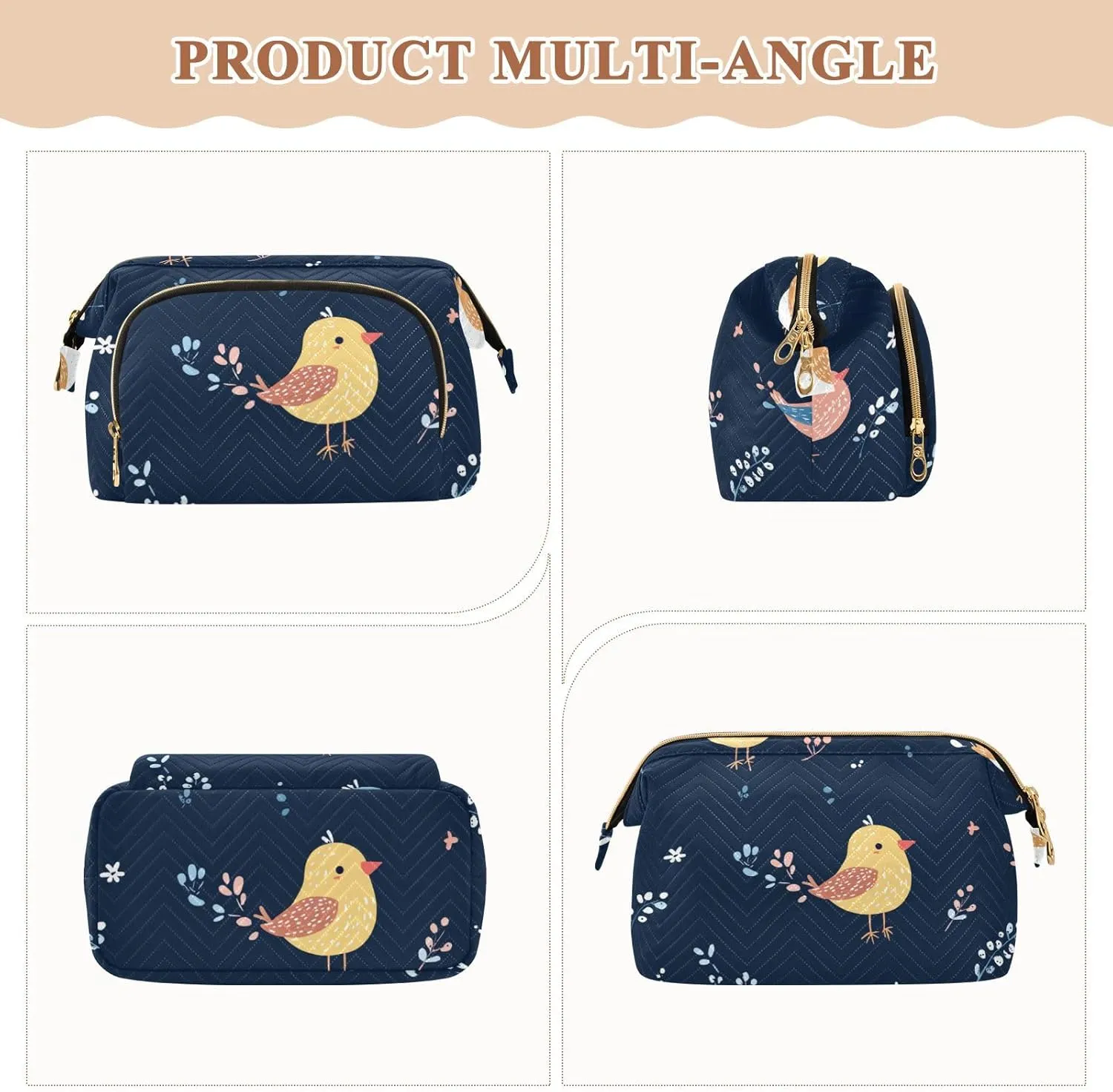 Cute Bird Navy Blue Makeup Bags Zipper Bathroom Storage Bag Change Purse for Toiletry Organizer