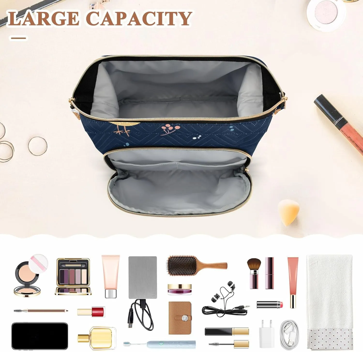 Cute Bird Navy Blue Makeup Bags Zipper Bathroom Storage Bag Change Purse for Toiletry Organizer