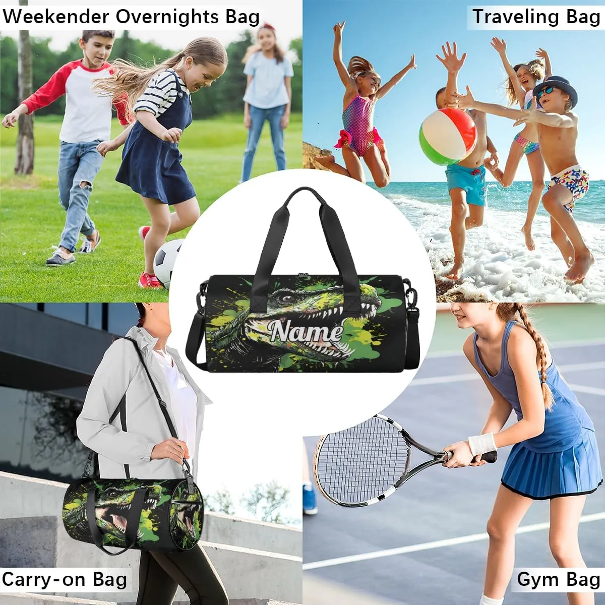 Cute Dance Bag Sport Duffel Gymnastics Sport Bags Custom Ballet Bag Overnight Weekender Bag Waterproof Pattern, Hand Drawn Dinosaurs