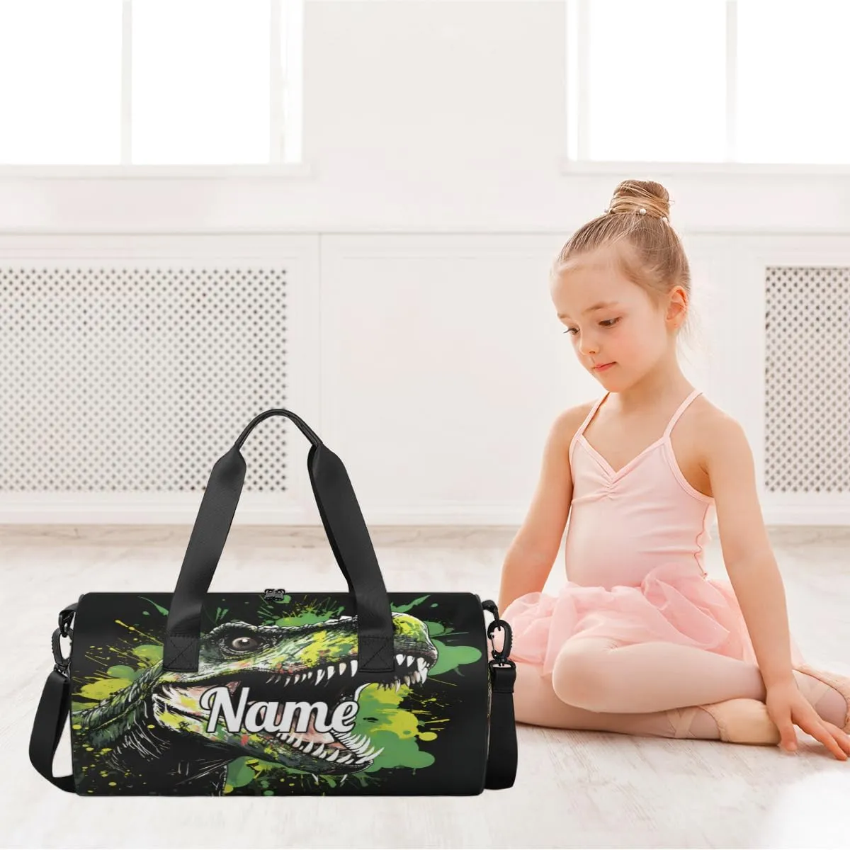 Cute Dance Bag Sport Duffel Gymnastics Sport Bags Custom Ballet Bag Overnight Weekender Bag Waterproof Pattern, Hand Drawn Dinosaurs