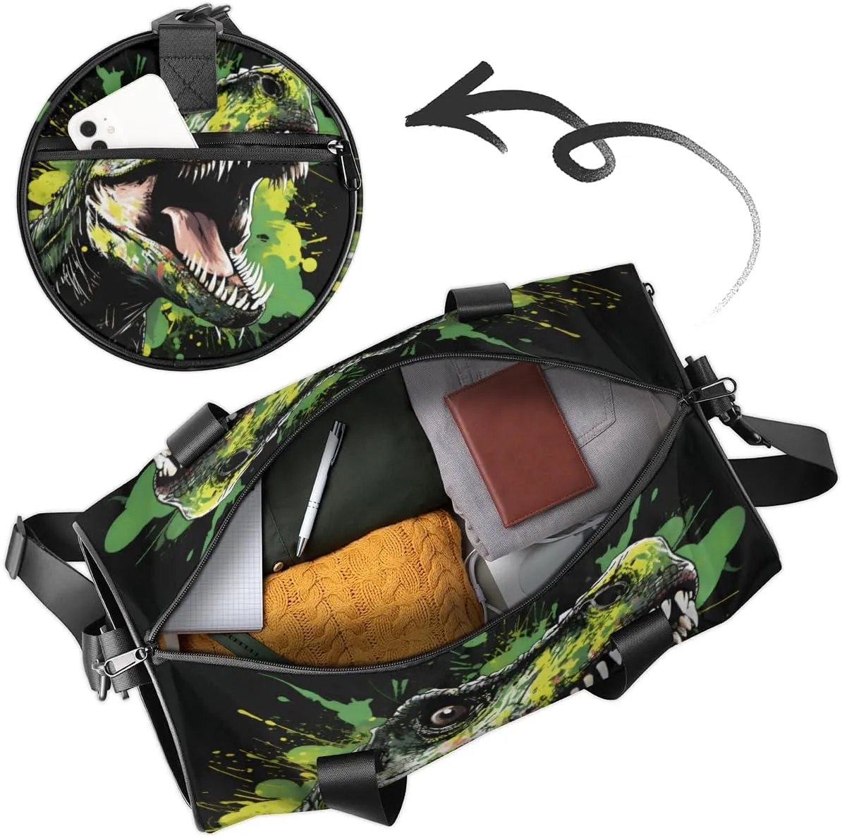 Cute Dance Bag Sport Duffel Gymnastics Sport Bags Custom Ballet Bag Overnight Weekender Bag Waterproof Pattern, Hand Drawn Dinosaurs