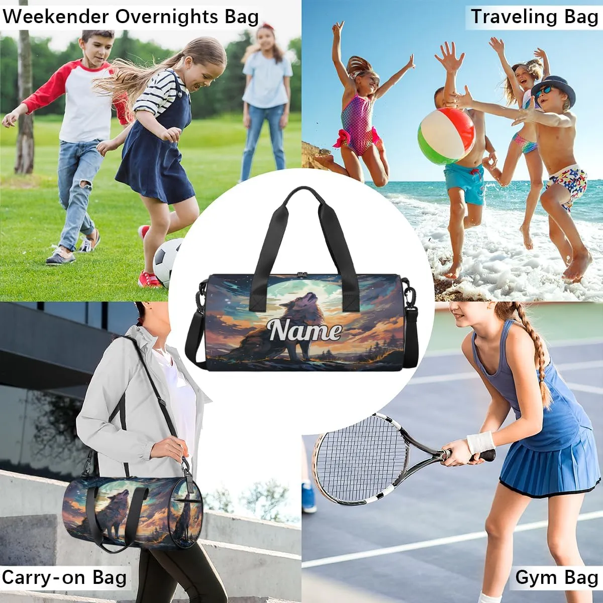 Cute Dance Bag Sport Duffel Gymnastics Sport Bags Custom Ballet Bag Overnight Weekender Bag Waterproof Pattern, Moon Wolf Print
