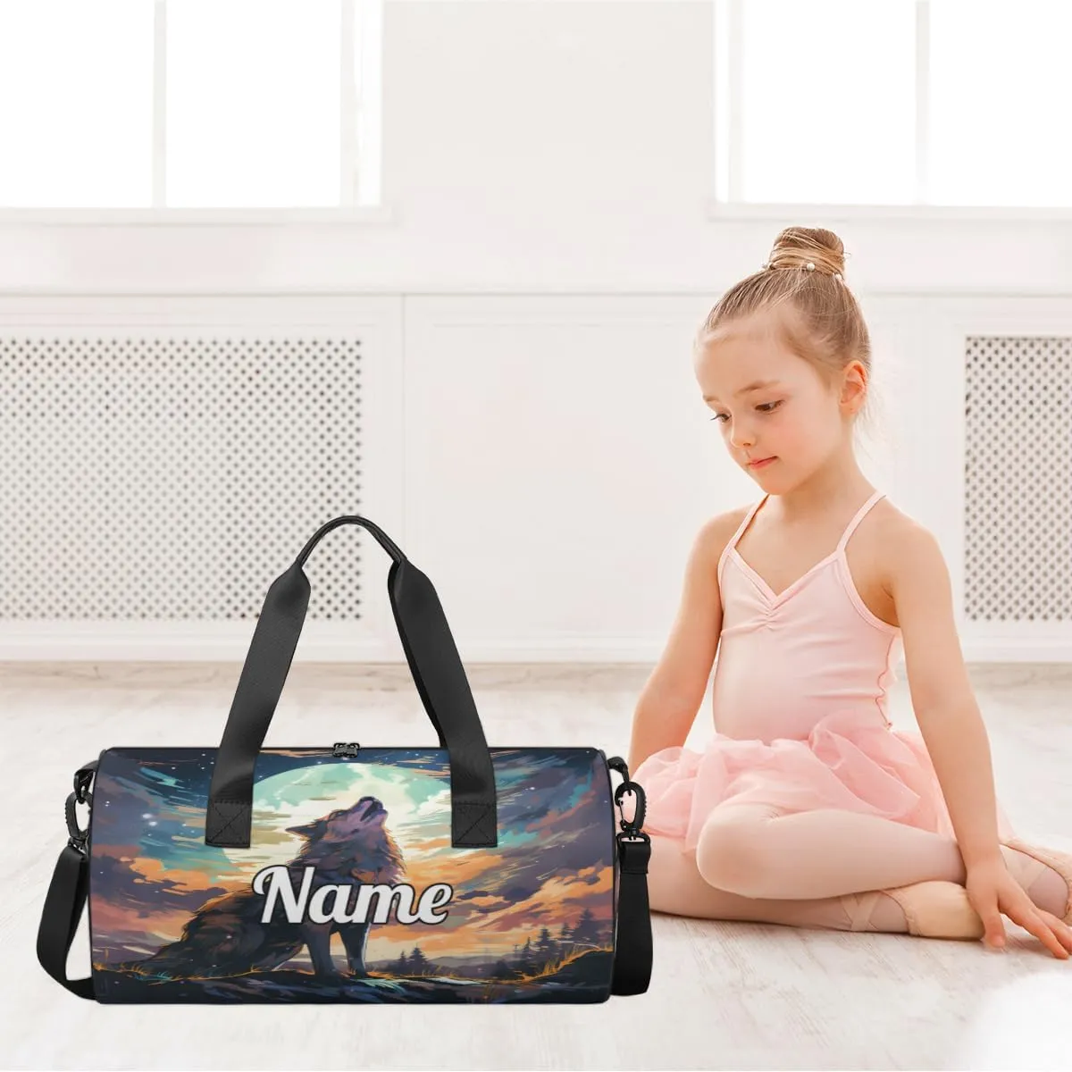Cute Dance Bag Sport Duffel Gymnastics Sport Bags Custom Ballet Bag Overnight Weekender Bag Waterproof Pattern, Moon Wolf Print
