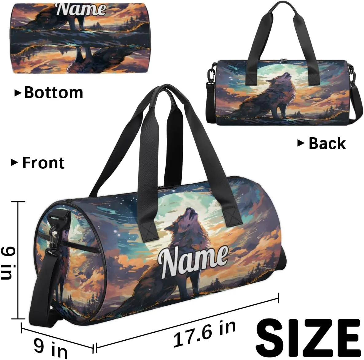 Cute Dance Bag Sport Duffel Gymnastics Sport Bags Custom Ballet Bag Overnight Weekender Bag Waterproof Pattern, Moon Wolf Print