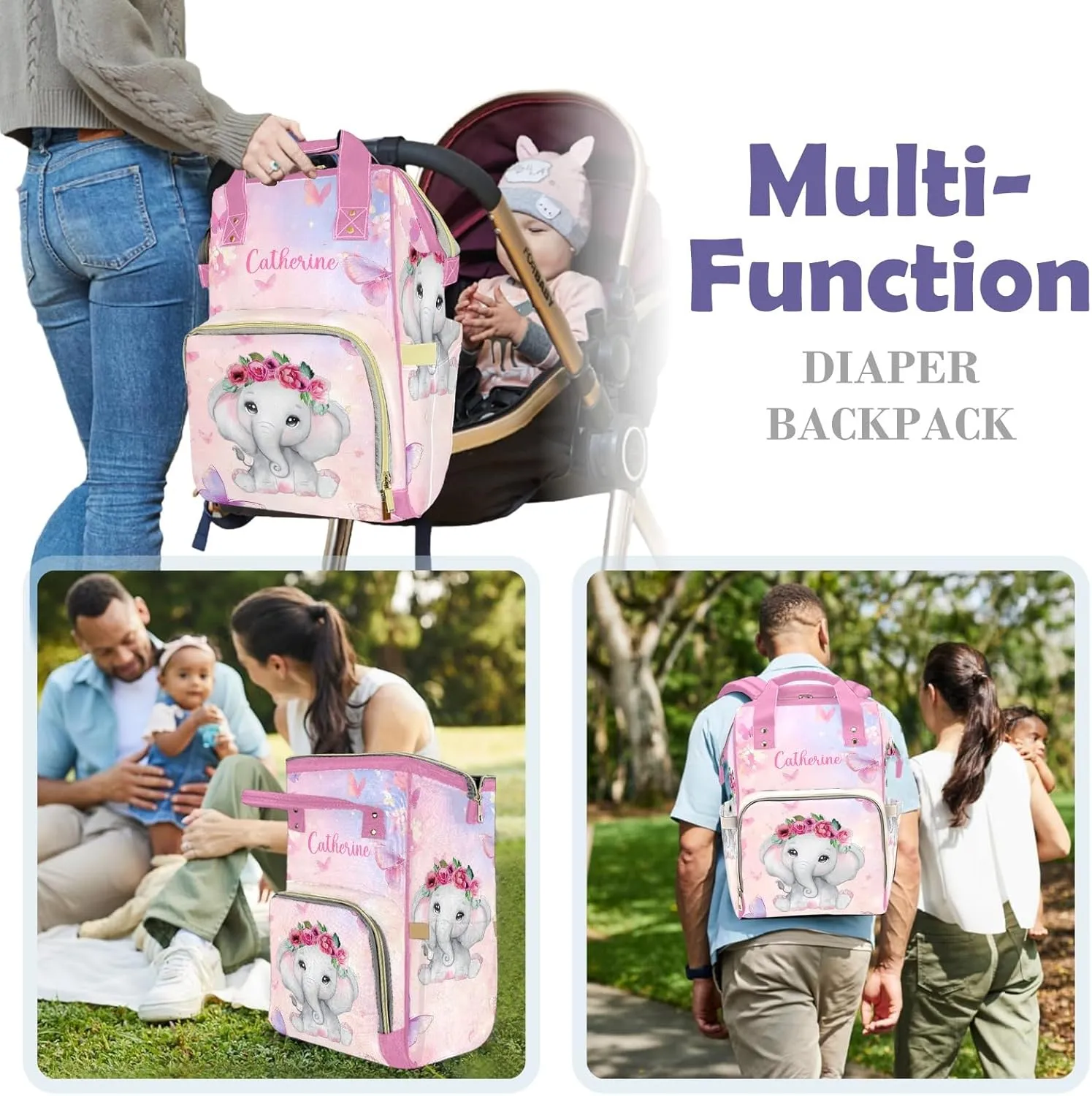 Cute Elephant Personalized Diaper Bags for Baby Girl with Name, Thermal Pockets, Large Custom Baby Bags for Girls, Waterproof Customized Nappy Bag Multi-function Mom Travel Daypack Backpack