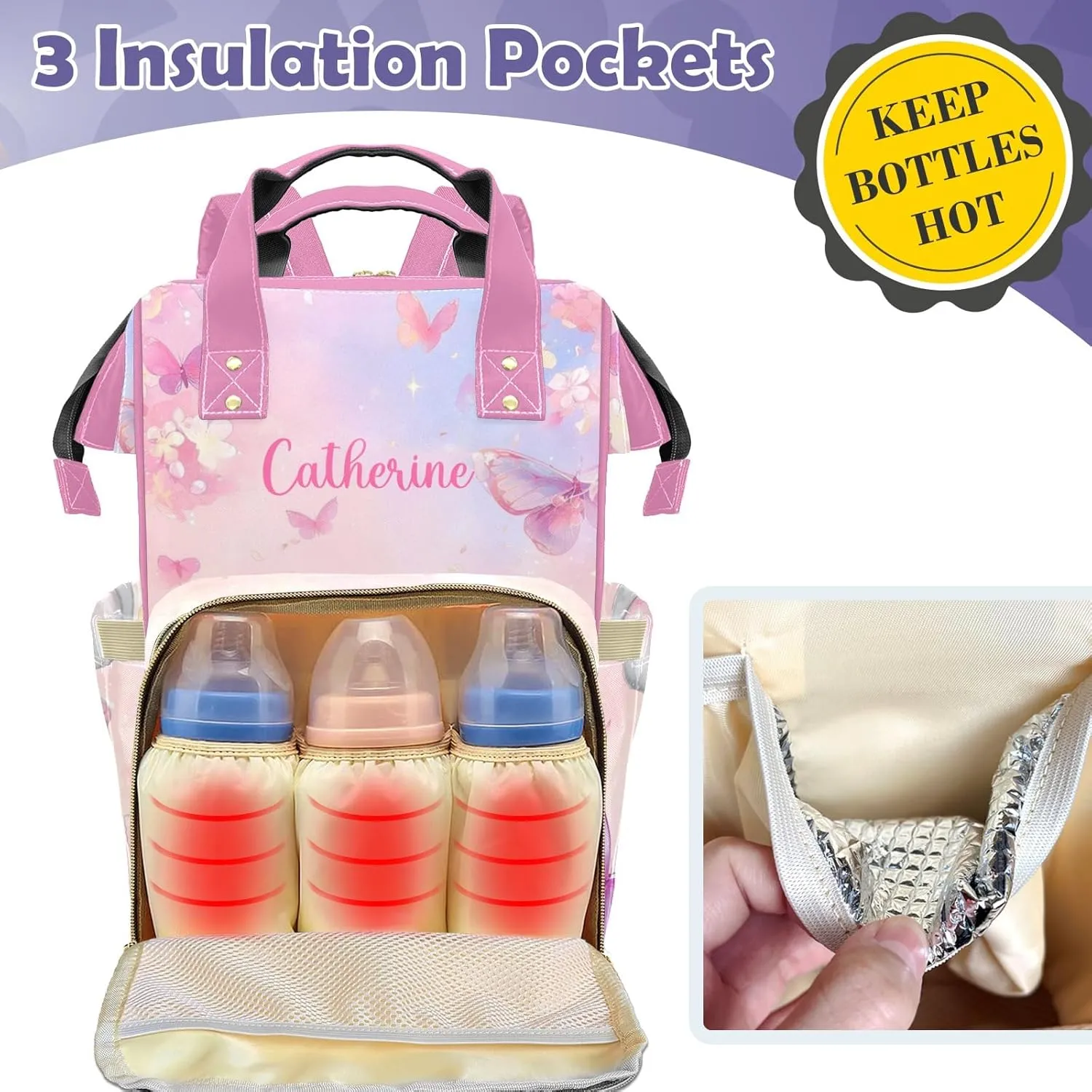 Cute Elephant Personalized Diaper Bags for Baby Girl with Name, Thermal Pockets, Large Custom Baby Bags for Girls, Waterproof Customized Nappy Bag Multi-function Mom Travel Daypack Backpack